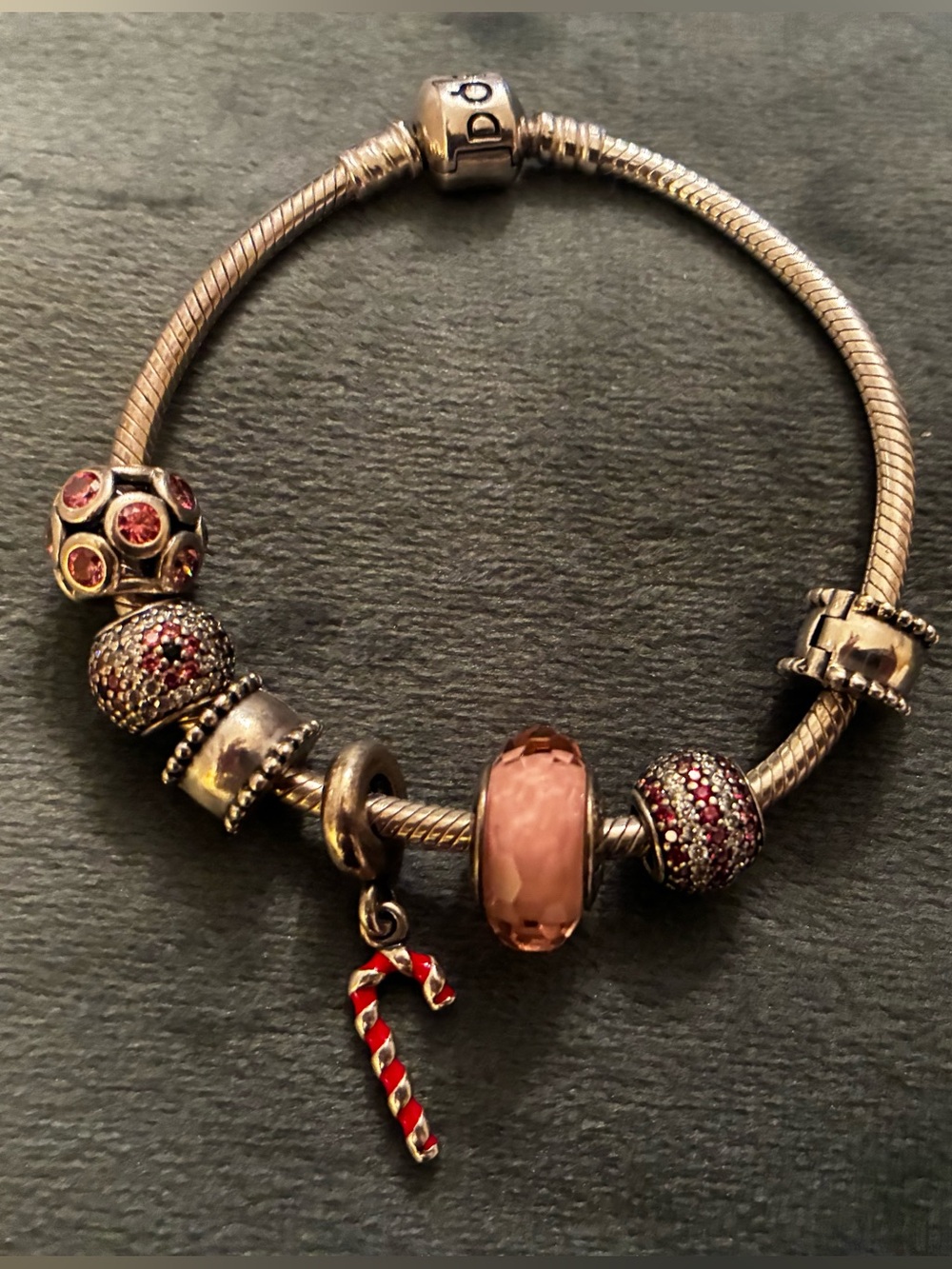 Pandora Sterling Silver Snake Bracelet with 5 Silver Charms & 2 Spacers